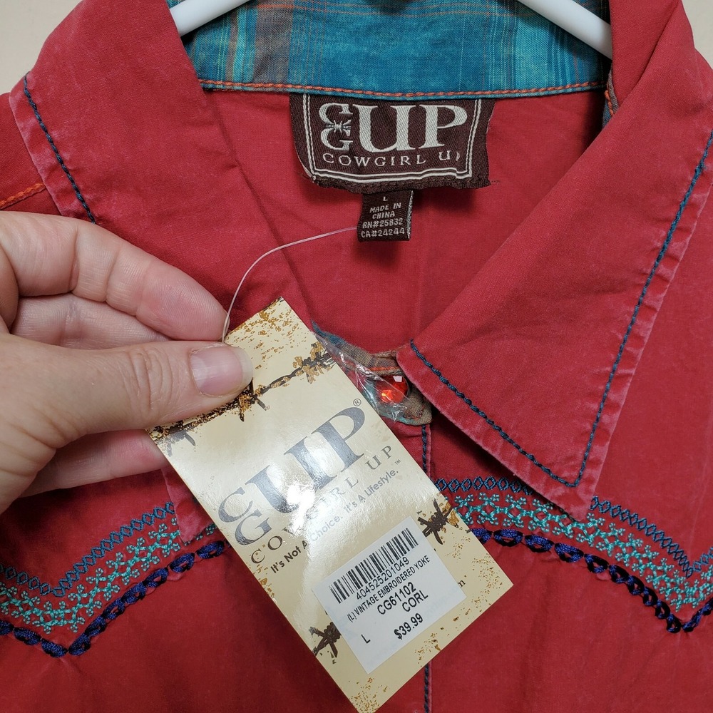 Western Long Sleeve Snap Womens Shirt L Large Cowboy Cowgirl Red Embroidered - Picture 5 of 8